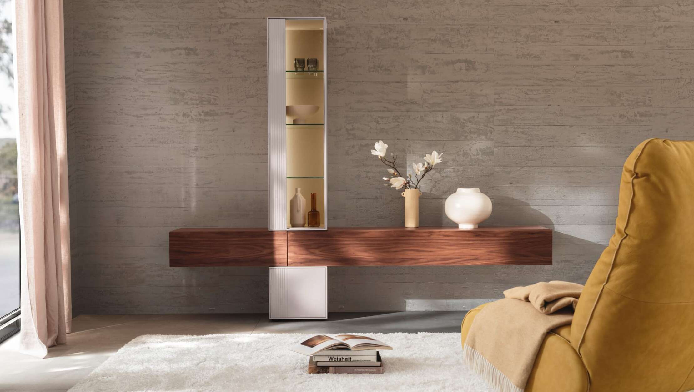 24 co wohnwand colore 5 kaschmir nussbaum relaxsessel lovere leder senf m 1 4462 24 fein korr 243031 038